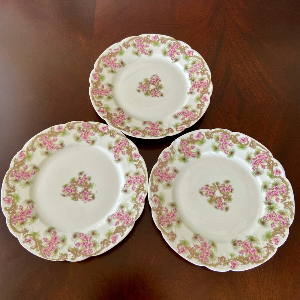 Elite Works Limoges France Floral Porcelain 3 Dinner Plates - Pink and Green